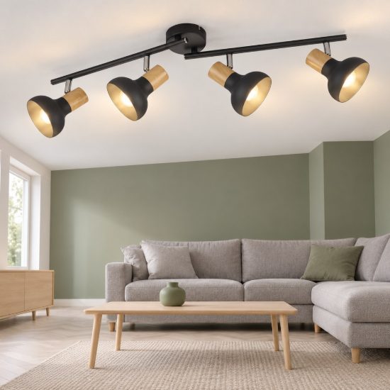 Plafoniera con 4 faretti orientabili moderna nera con effetto legno