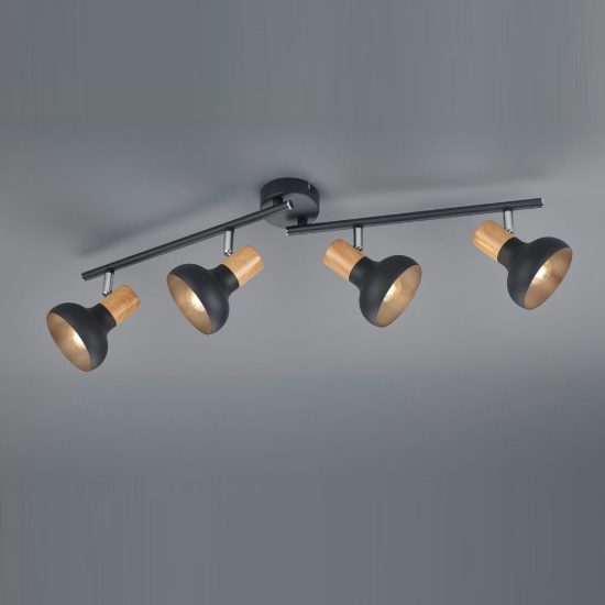Plafoniera con 4 faretti orientabili moderna nera con effetto legno
