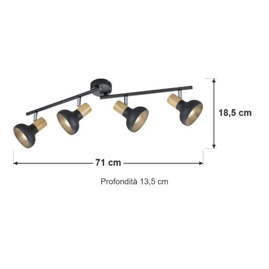 Plafoniera con 4 faretti orientabili moderna nera con effetto legno