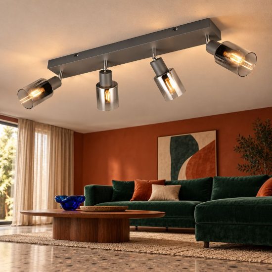 Plafoniera con 4 faretti orientabili moderna antracite con vetri fume