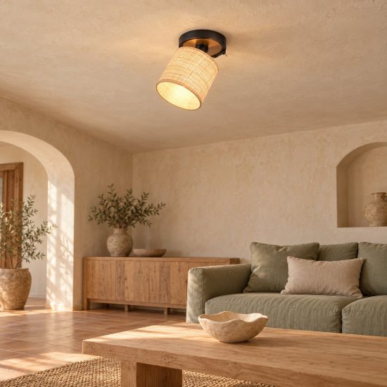 Applique per comodino camera da letto orientabile nera con paralume in fibra naturale interruttore