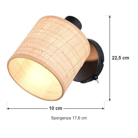 Applique per comodino camera da letto orientabile nera con paralume in fibra naturale interruttore