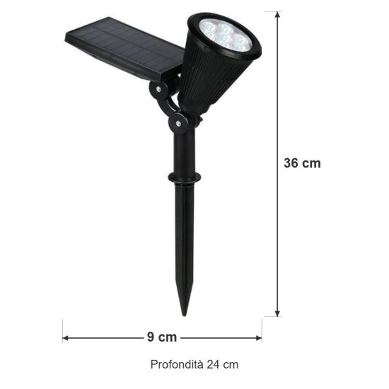 Faretto da esterno solare led 1w rgb con picchetto sensore crepuscolare ip44 orientabile nero