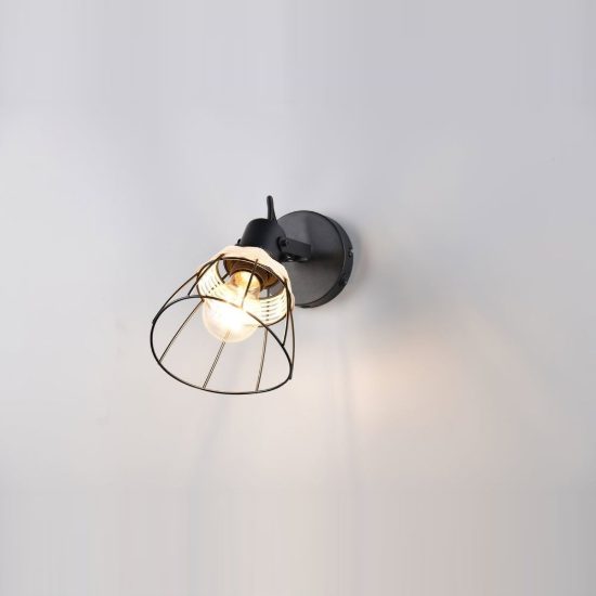 Applique per comodino camera da letto nera con paralume a gabbia in rattan naturale interruttore