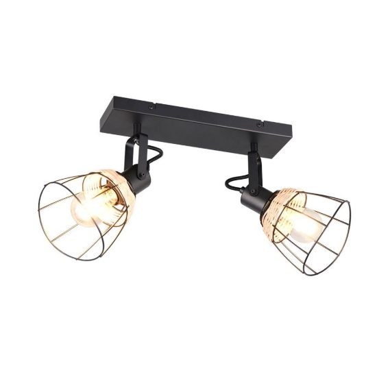 Plafoniera con 2 faretti moderna nera con paralumi a gabbia rattan naturale
