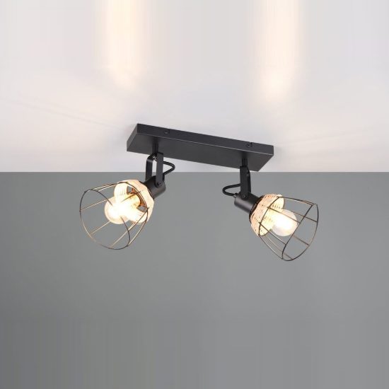 Plafoniera con 2 faretti moderna nera con paralumi a gabbia rattan naturale