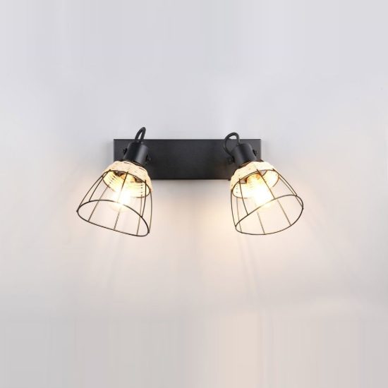 Plafoniera con 2 faretti moderna nera con paralumi a gabbia rattan naturale