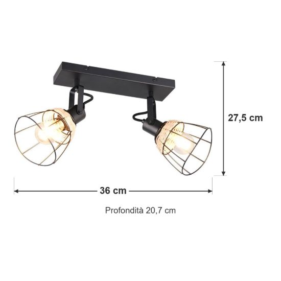 Plafoniera con 2 faretti moderna nera con paralumi a gabbia rattan naturale
