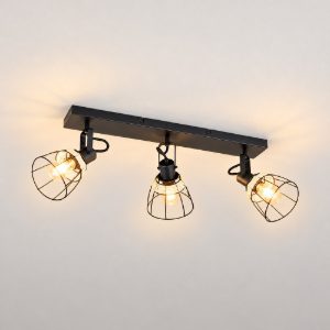 Plafoniera con 3 faretti moderna nera con paralumi a gabbia rattan naturale