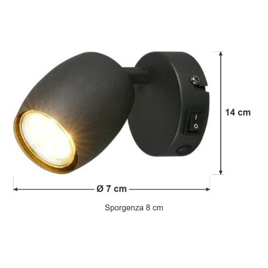 Applique per comodino camera da letto orientabile moderna metallo nero opaco con interruttore