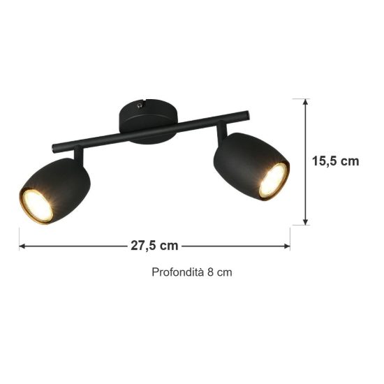 Plafoniera con 2 faretti orientabili moderna in metallo nero opaco