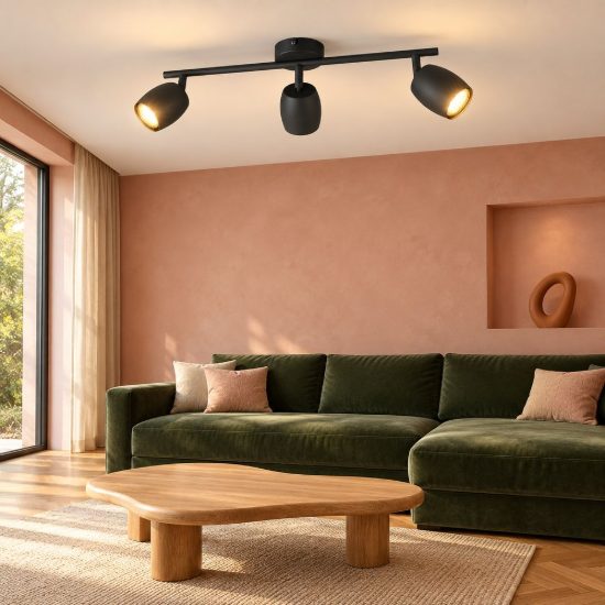 Plafoniera con 3 faretti orientabili moderna in metallo nero opaco