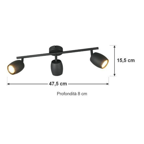Plafoniera con 3 faretti orientabili moderna in metallo nero opaco