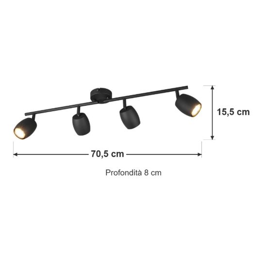 Plafoniera con 4 faretti orientabili moderna in metallo nero opaco