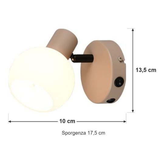 Applique per comodino camera da letto orientabile beige con diffusore in vetro bianco interruttore
