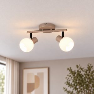 Plafoniera con 2 faretti orientabili moderna beige con diffusori in vetro bianco