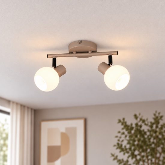 Plafoniera con 2 faretti orientabili moderna beige con diffusori in vetro bianco