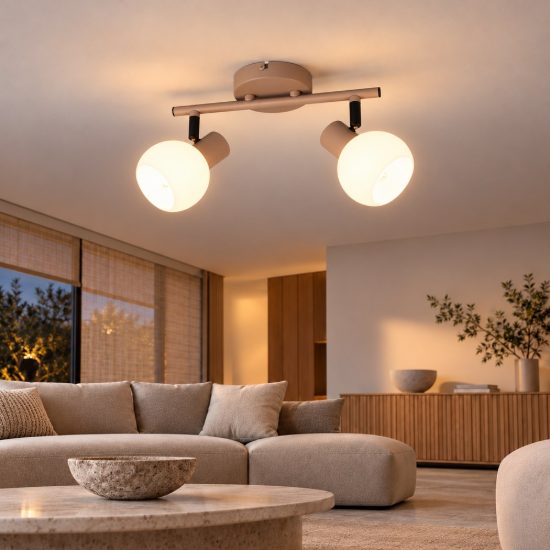 Plafoniera con 2 faretti orientabili moderna beige con diffusori in vetro bianco