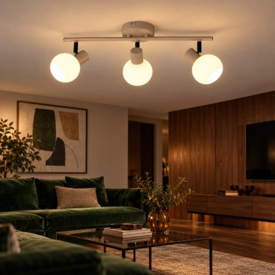 Plafoniera con 3 faretti orientabili moderna beige con diffusori in vetro bianco