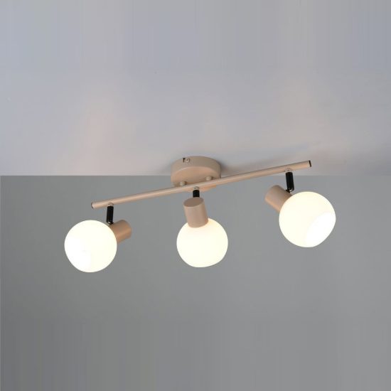 Plafoniera con 3 faretti orientabili moderna beige con diffusori in vetro bianco