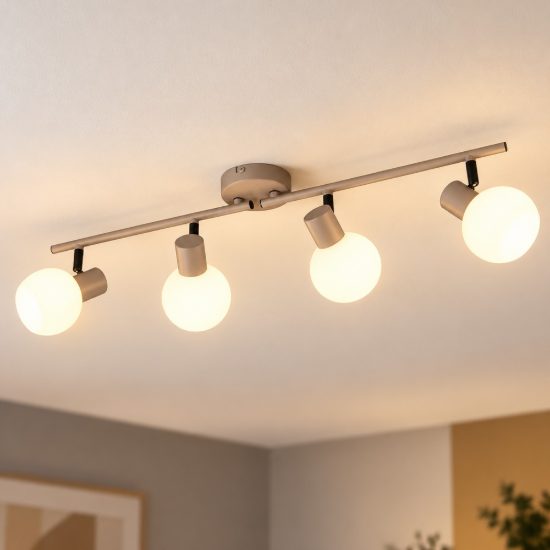 Plafoniera con 4 faretti orientabili moderna beige con diffusori in vetro bianco