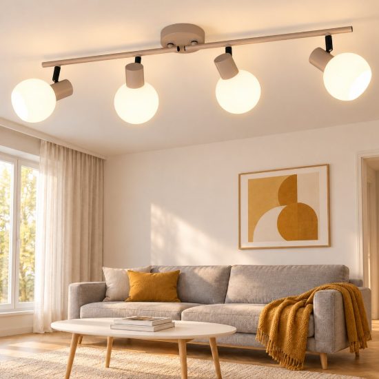 Plafoniera con 4 faretti orientabili moderna beige con diffusori in vetro bianco