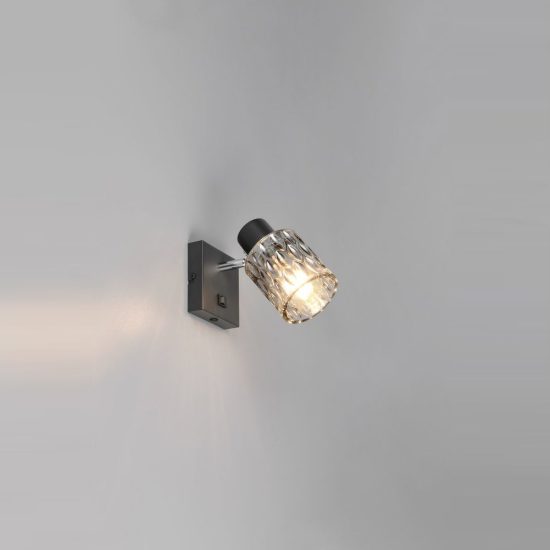 Applique per comodino camera da letto orientabile nera con vetro fume strutturato interruttore