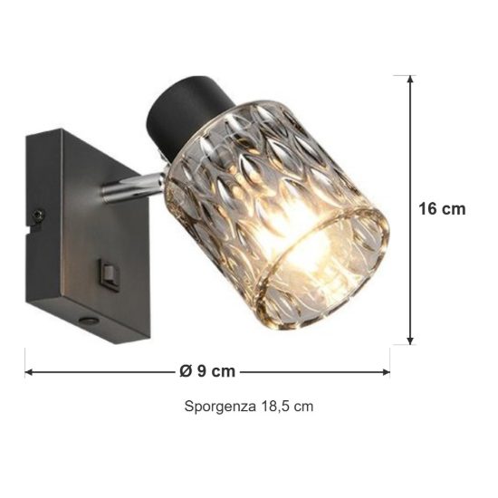 Applique per comodino camera da letto orientabile nera con vetro fume strutturato interruttore