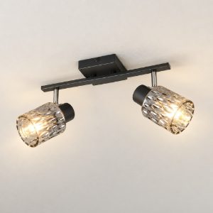 Plafoniera con 2 faretti orientabili moderna nera con vetri fume strutturati