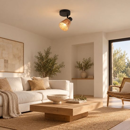 Faretto da soffitto per soggiorno orientabile nero con paralume conico in filato di carta naturale