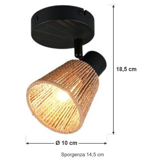 Faretto da soffitto per soggiorno orientabile nero con paralume conico in filato di carta naturale
