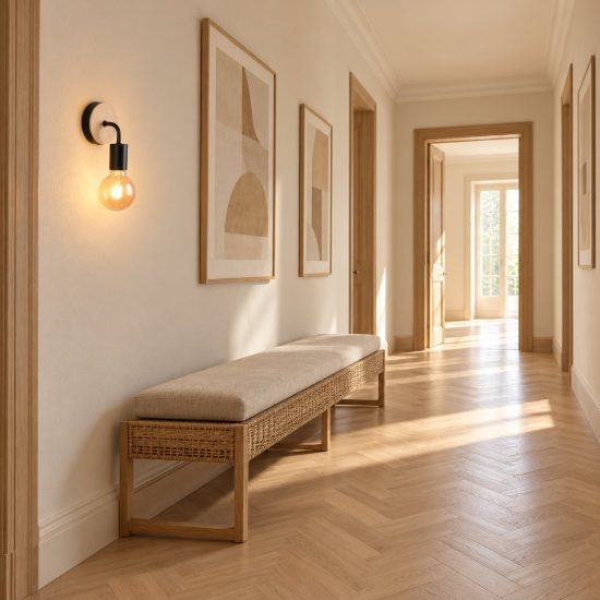 Applique per soggiorno moderna in metallo nero con particolare in legno naturale