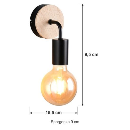 Applique per soggiorno moderna in metallo nero con particolare in legno naturale