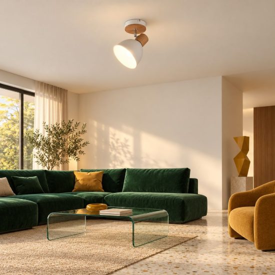 Faretto da soffitto per salotto orientabile moderno in metallo bianco legno naturale