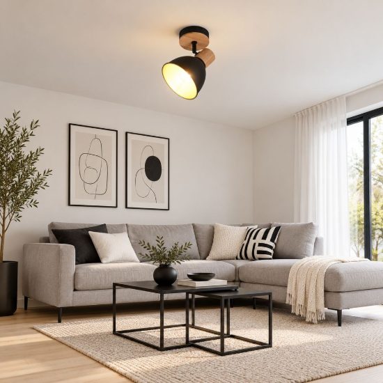 Faretto da soffitto per soggiorno orientabile moderno in metallo nero legno naturale