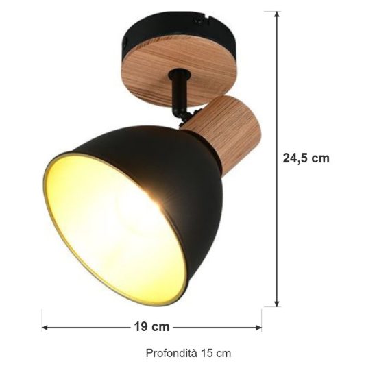 Faretto da soffitto per soggiorno orientabile moderno in metallo nero legno naturale