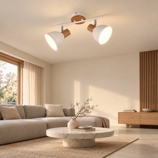 Plafoniera con 2 faretti orientabili moderna in metallo bianco legno naturale