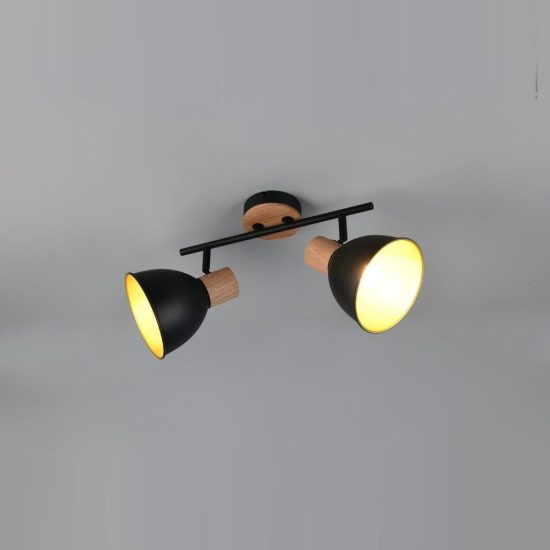 Plafoniera con 2 faretti orientabili moderna in metallo nero legno naturale