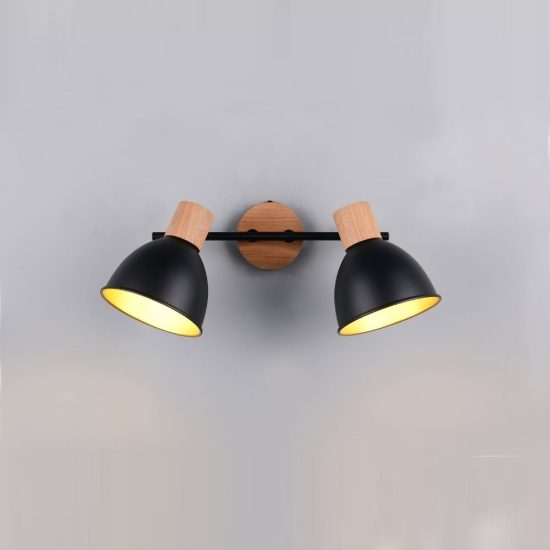 Plafoniera con 2 faretti orientabili moderna in metallo nero legno naturale