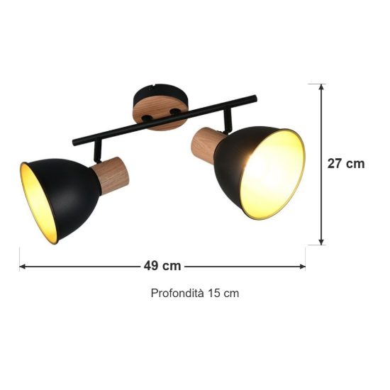 Plafoniera con 2 faretti orientabili moderna in metallo nero legno naturale