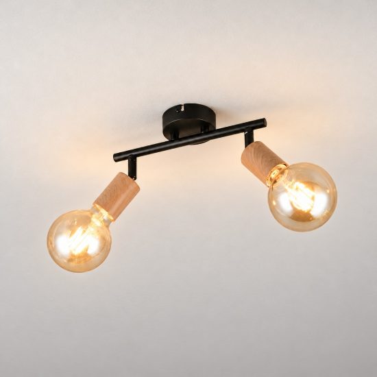 Plafoniera con 2 faretti orientabili vintage nera effetto legno