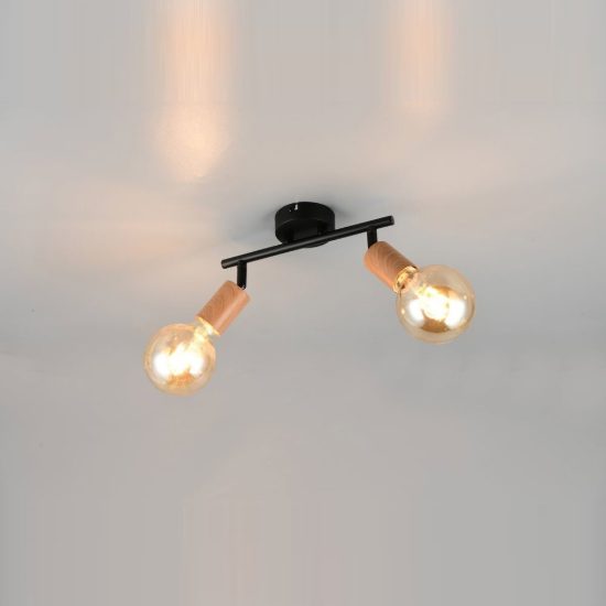 Plafoniera con 2 faretti orientabili vintage nera effetto legno