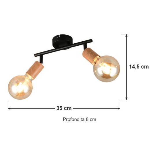 Plafoniera con 2 faretti orientabili vintage nera effetto legno