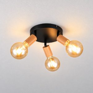 Plafoniera con 3 faretti orientabili vintage rotonda nera effetto legno