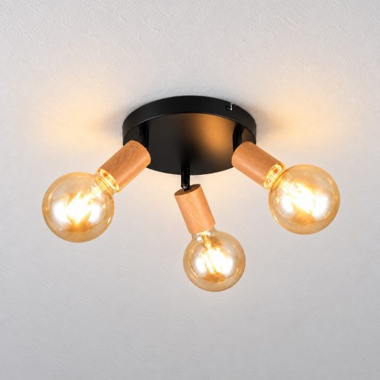 Plafoniera con 3 faretti orientabili vintage rotonda nera effetto legno
