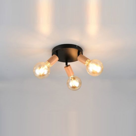 Plafoniera con 3 faretti orientabili vintage rotonda nera effetto legno