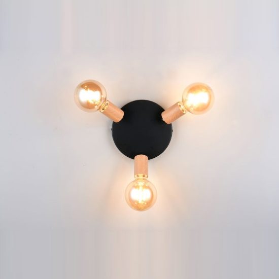 Plafoniera con 3 faretti orientabili vintage rotonda nera effetto legno