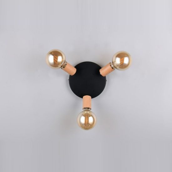 Plafoniera con 3 faretti orientabili vintage rotonda nera effetto legno