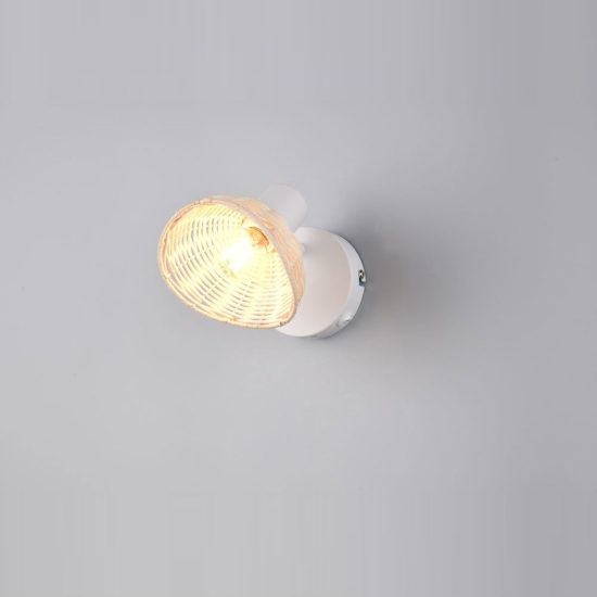 Applique per comodino camera da letto bianca con paralume in rattan naturale interruttore