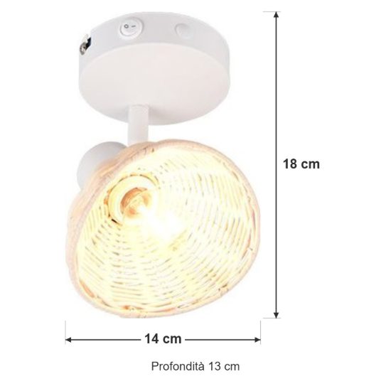 Applique per comodino camera da letto bianca con paralume in rattan naturale interruttore